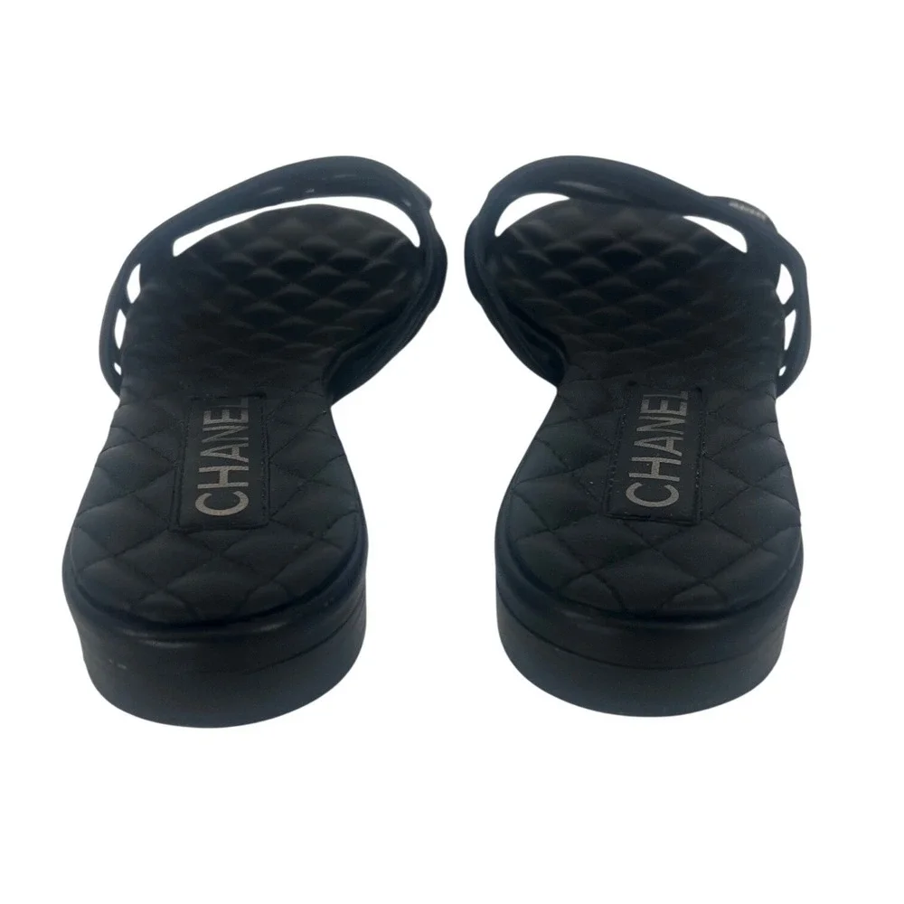Chanel 2019 Quilted CC Pearl Leather Slide Sandals Black 36.5